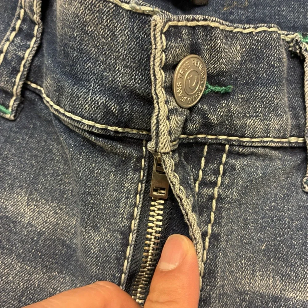 True Religion Big T Flap Faded Straight Leg Jeans Mens 36x32 Thick Stitch Denim